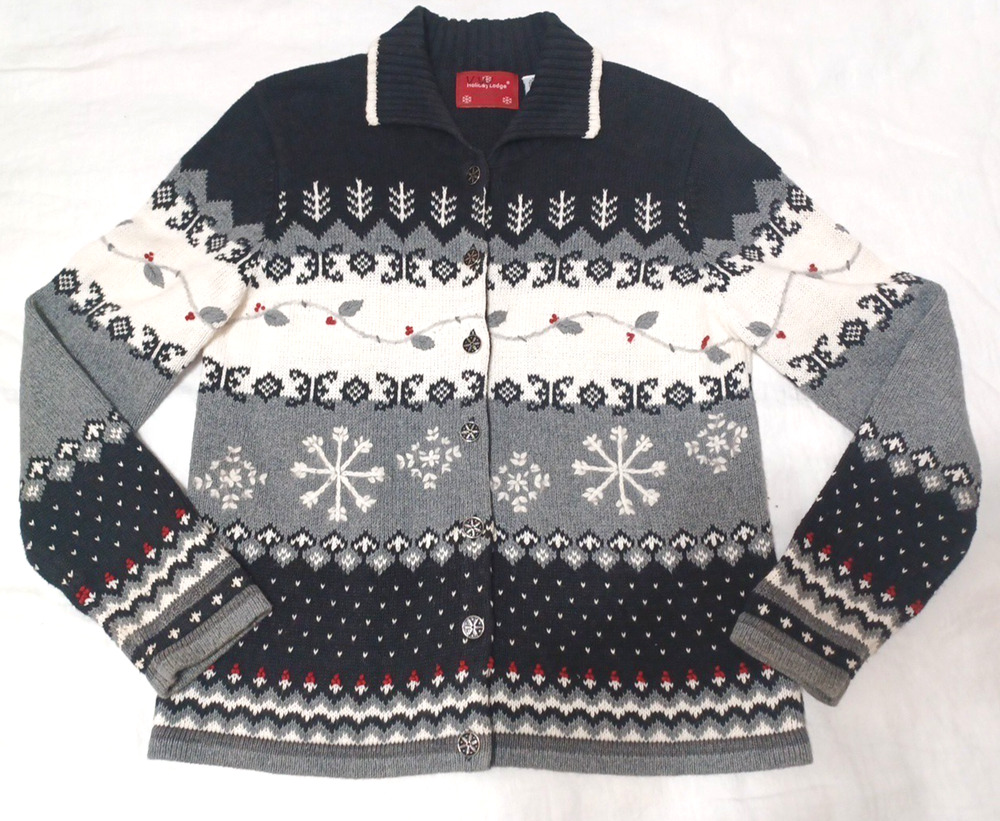VTG Holiday Lodge Women Cardigan Sweater Sz M Gray Black White Snowflake READ